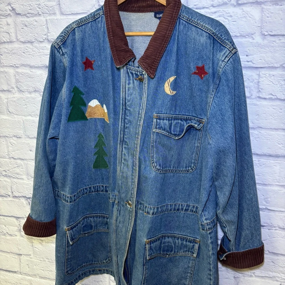 Baccini Womens Denim Jacket 2XL Embroidered Birdhouses Vintage Barn Jacket Moon - Picture 9 of 15